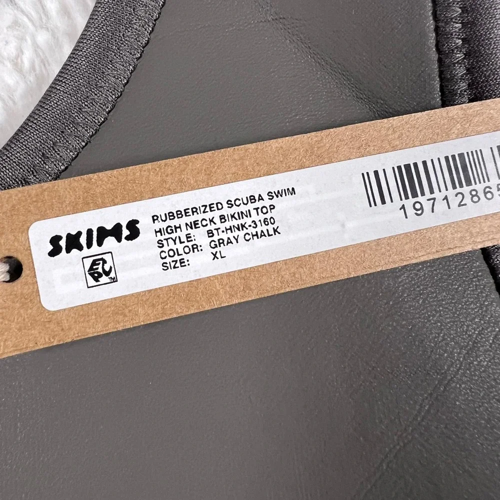 SKIMS Rubberized Scuba Swim High‎ Neck Bikini Top Gray Chalk BT-HNK-3160 XL NWT